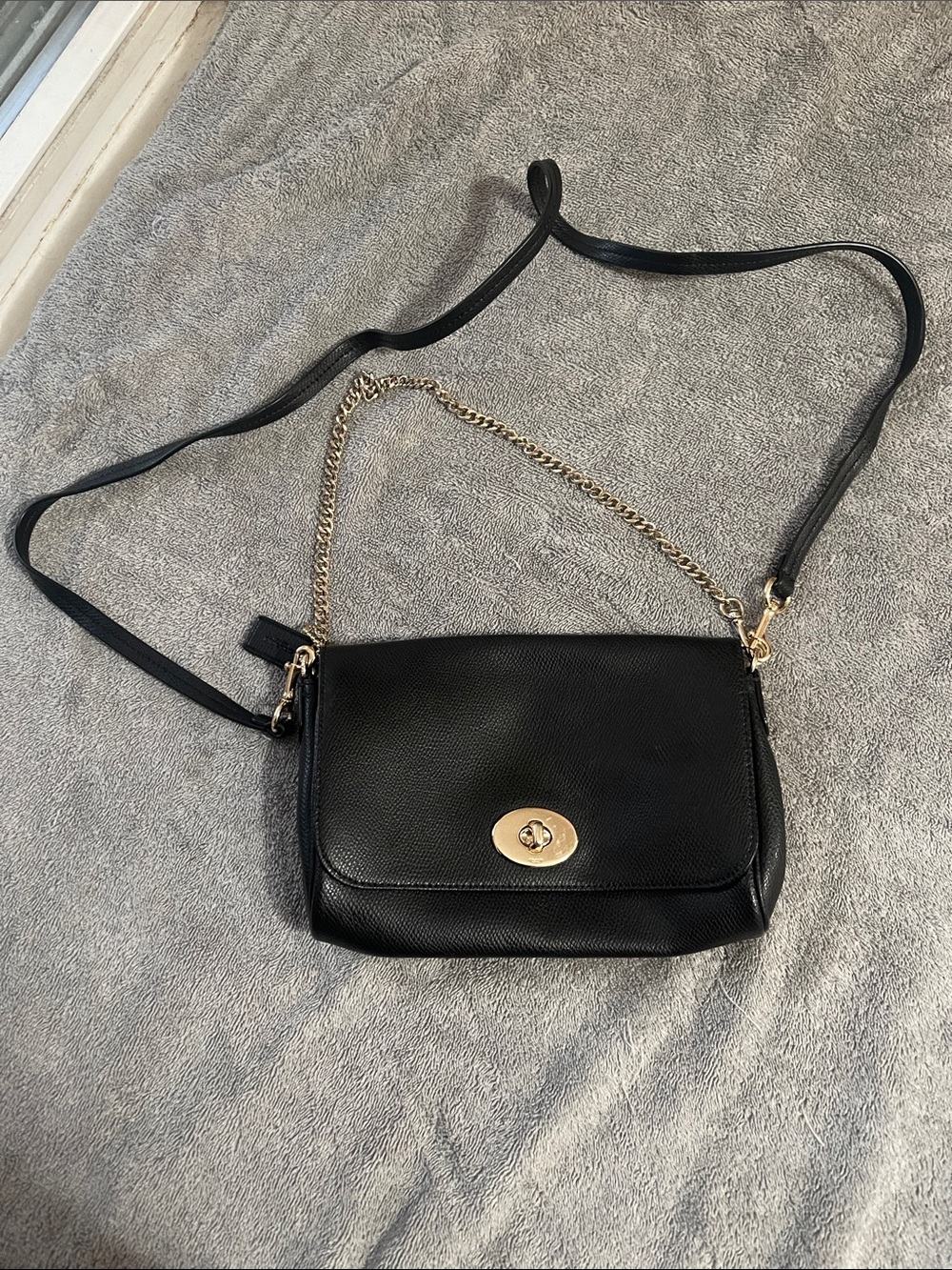 Coach Black Leather Crossbody with Gold Chain and Turn-Lock